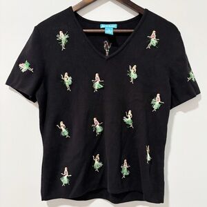 Alexandra Bartlett Embroidered Hula Dancer Knit Top Womens Size XL V-neck